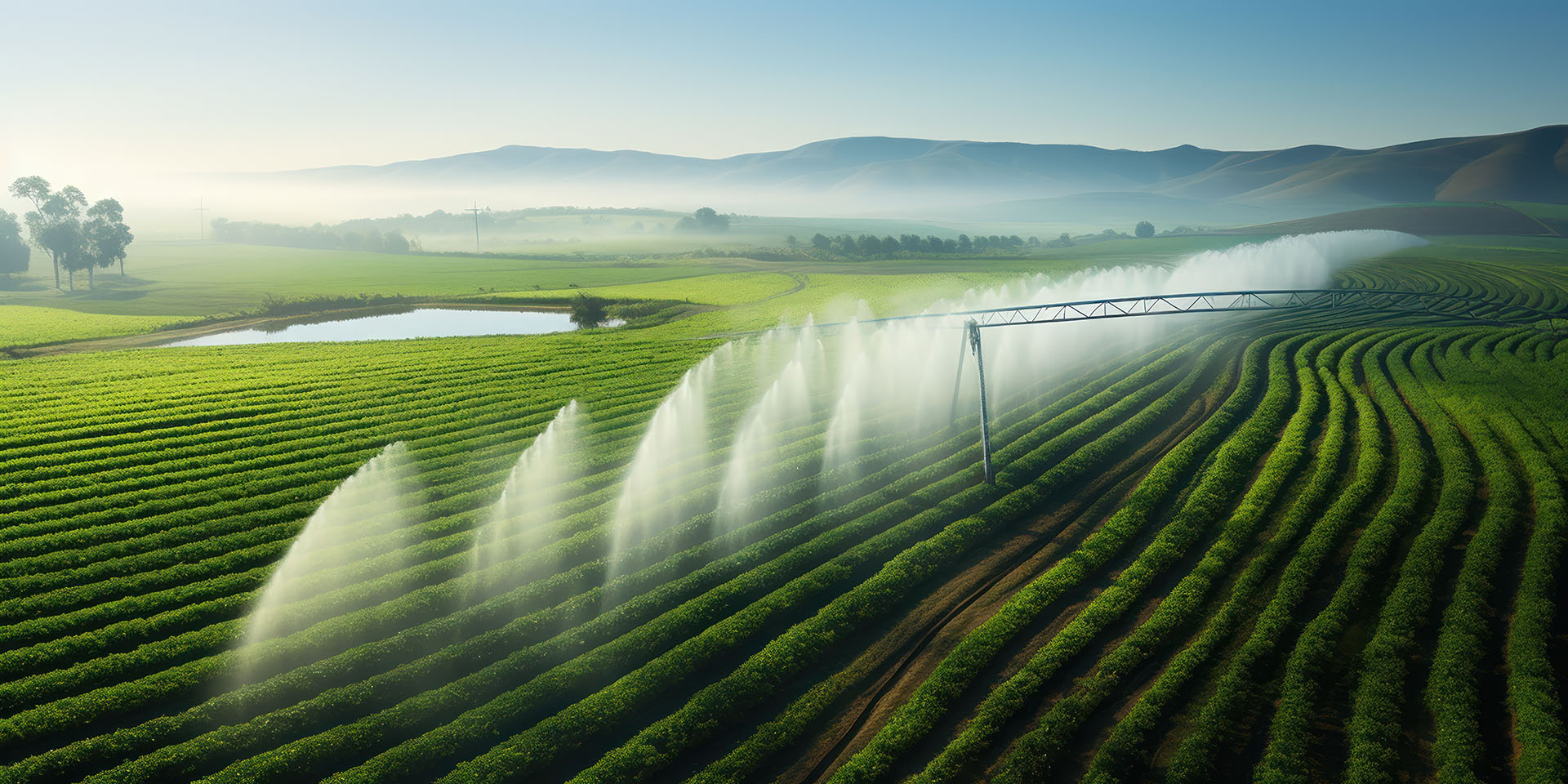 Refreshment from above, as sprinklers arc water over the geometr 16mm Drip Line Automatic Self Watering Drip Irrigation System Kit 1 Hectare Full Set Double Hole Drip Tape Irrigation 2000m
